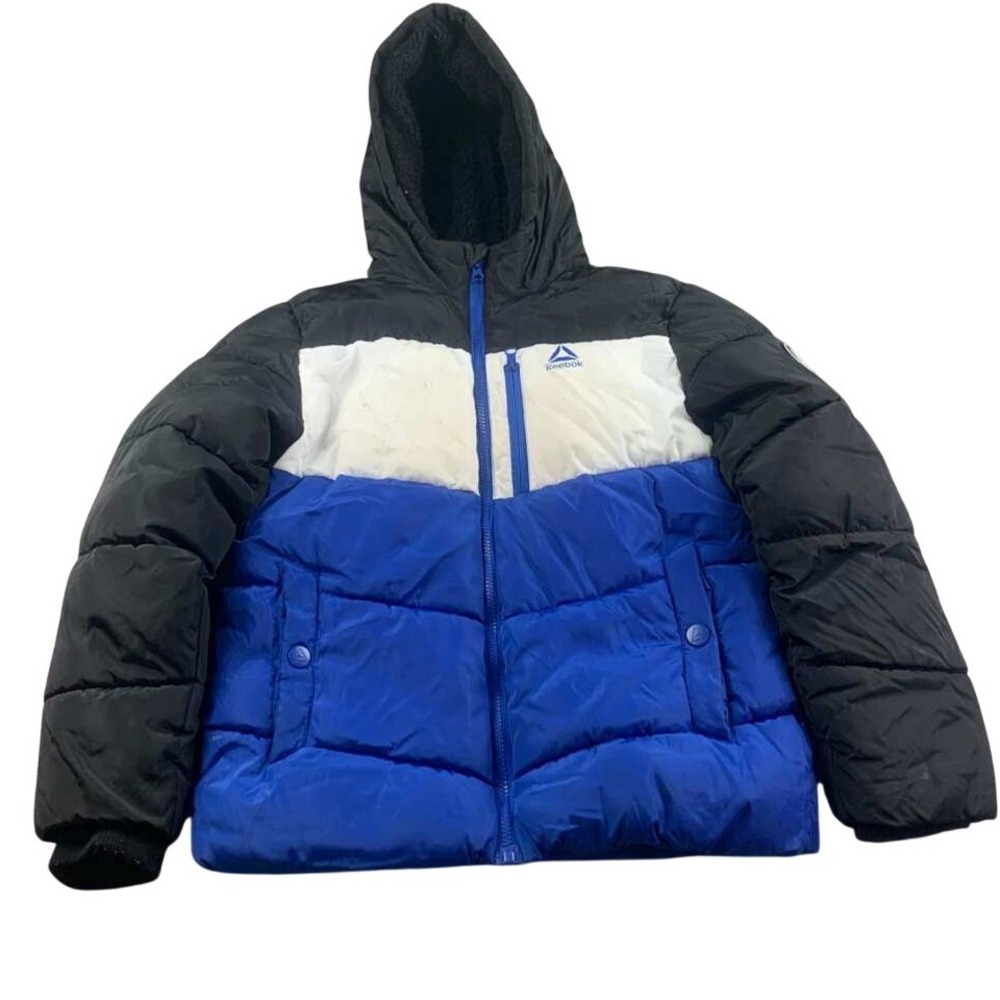 Reebok Puffer Jacket Boys 10/12‎ Colorblock Winter Coat Hooded Fleece Lined Blue